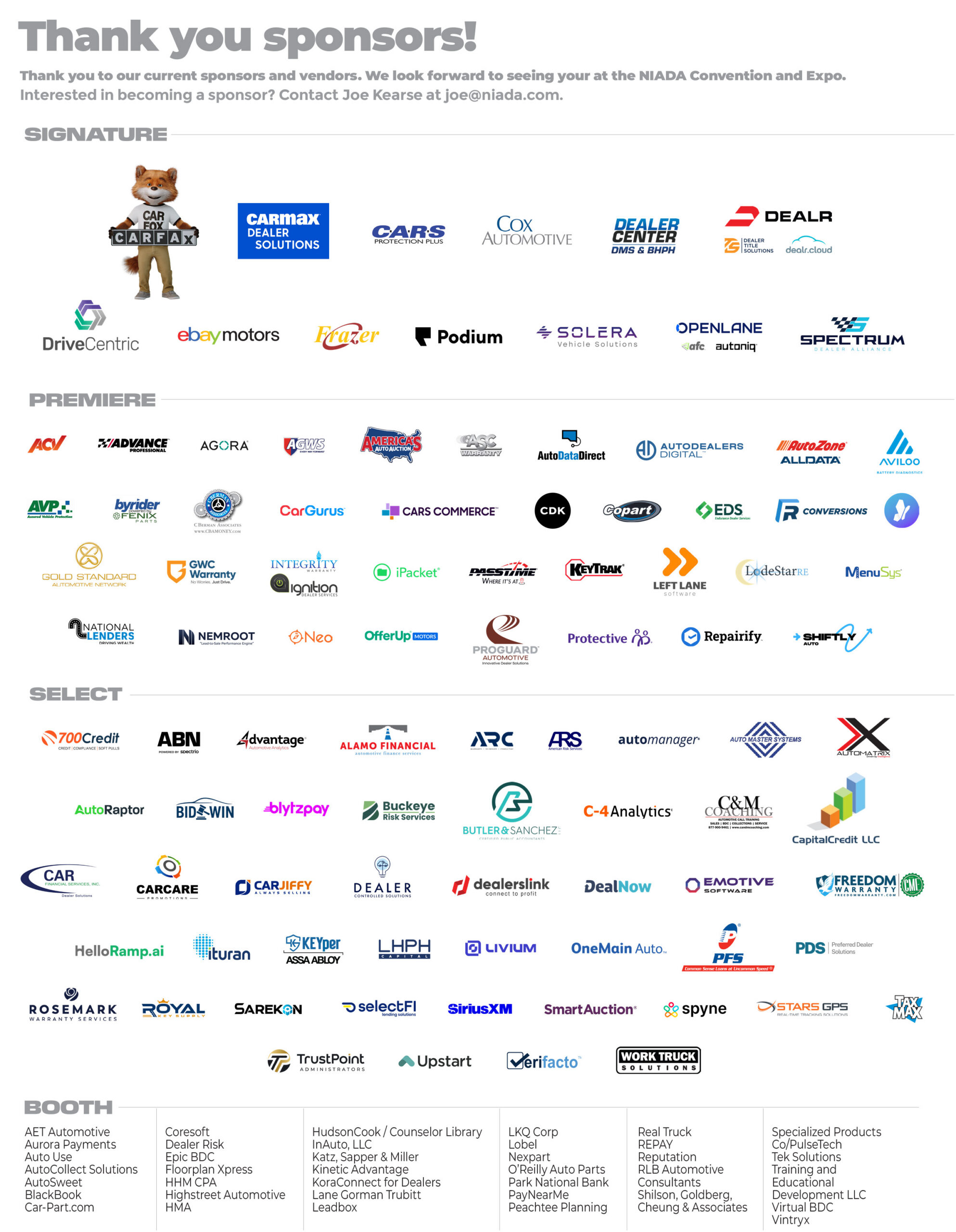 NIADA Convention 2026 sponsors — Signature, Premiere, Select, and Booth tiers