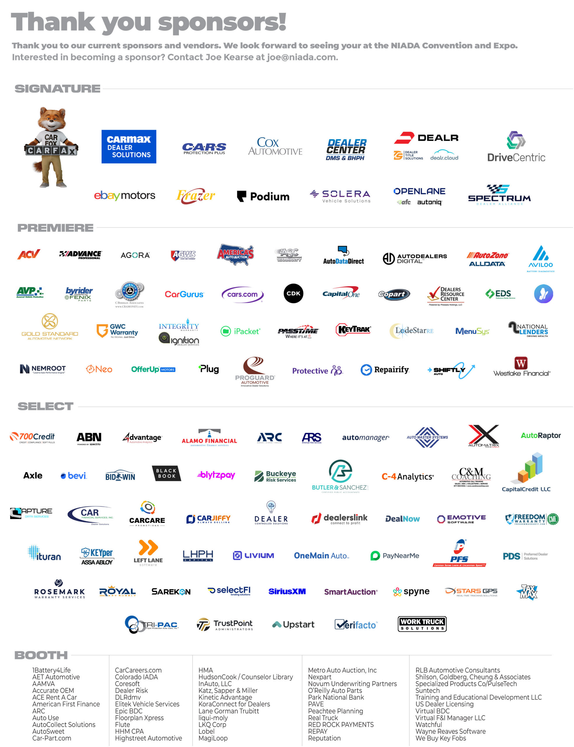 NIADA Convention 2026 sponsors — Signature, Premiere, Select, and Booth tiers